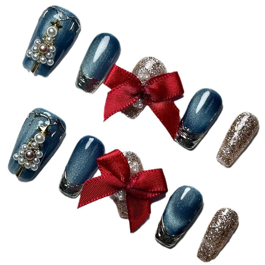 Christmas bow-shaped long T-shaped wearable nail, a unique and sweet winter atmosphere, detachable wearable nail art piece